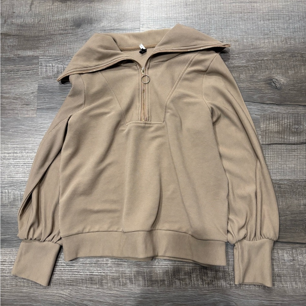 Tan Ribbed Pullover Sweatshirt